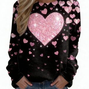 Casual Heart/Cordate Crew Neck Long Sleeve T-shirt, T-shirts, color:As Picture|size:4XL, catalog Noracora shop