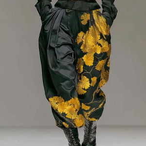 Urban Floral Ankle Banded Pants, Pants, color:Black|size:XXL, Stylewe