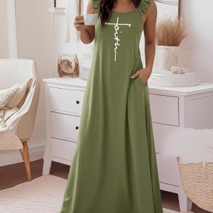 Faith Letter Print U-Neck Ruffles Straps Maxi Dress Casual Backless Loose Fit Dress, women Casual Dresses, ChicMe catalog