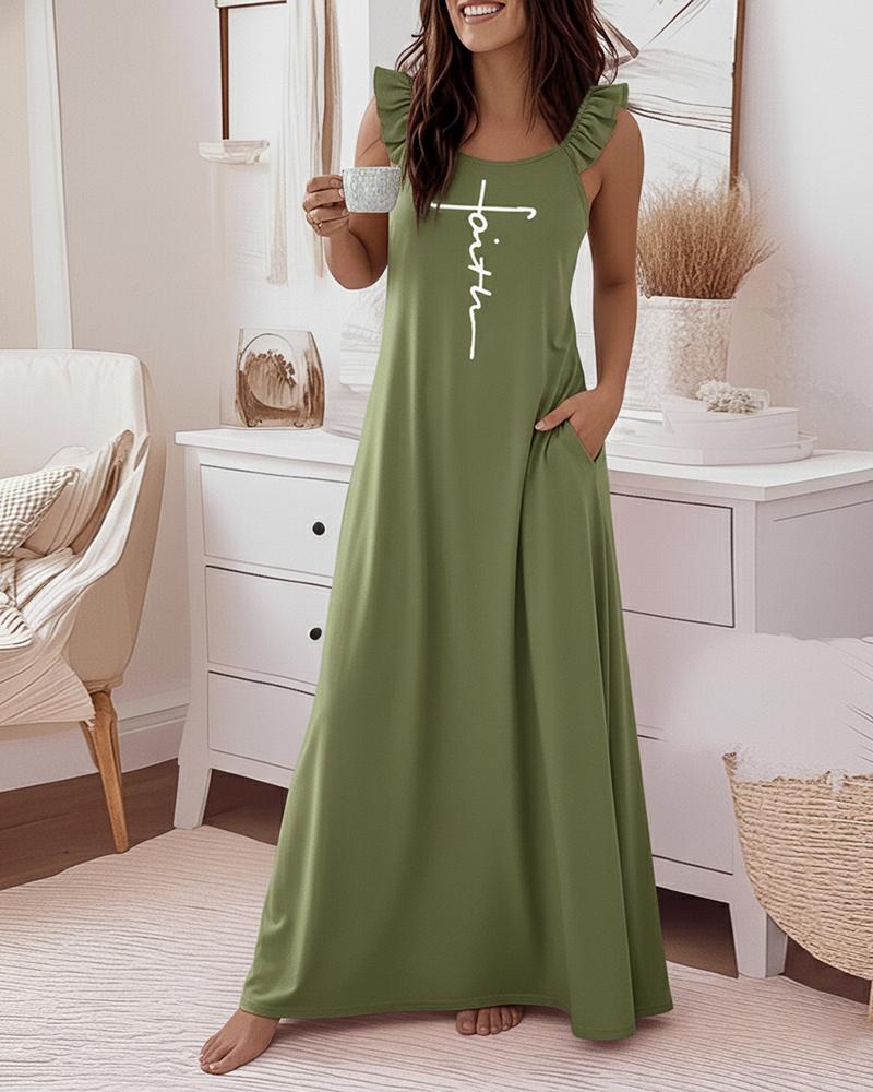 Faith Letter Print U-Neck Ruffles Straps Maxi Dress Casual Backless Loose Fit Dress, women Casual Dresses, ChicMe catalog