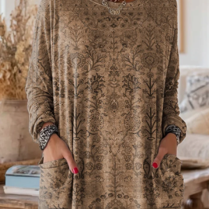 Vintage Floral Crew Neck Long Sleeve T-shirt, T-shirts, color:Khaki|size:5XL, catalog Noracora shop