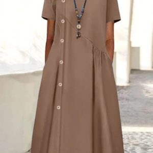 Women Plain Summer Dress Crew Neck Short Sleeve A-Line Dress, Dresses, color:Coffee|size:5XL, catalog Noracora shop