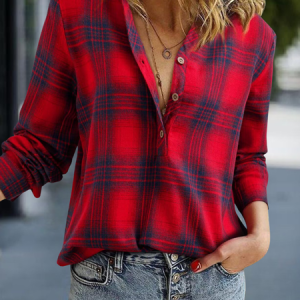 V Neck Long Sleeve Plaid Split Joint Regular Micro-Elasticity Loose Button Up Shirt Shirt For Women, Shirts, color:Red|size:XXL, catalog Noracora shop