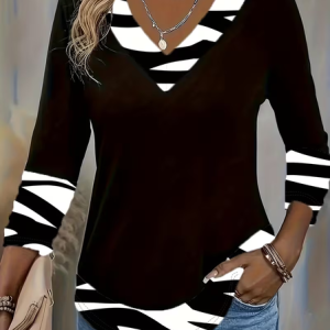 Casual Abstract V Neck Long Sleeve T-shirt, T-shirts, color:Black|size:XXL, catalog Noracora shop