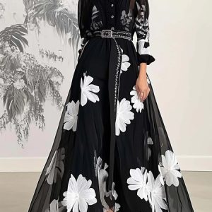 Elegant Floral Printing Stand Collar Maxi Dress With Belt, Midi Dresses, color:Black-white|size:XXL, Stylewe