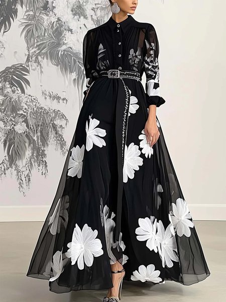 Elegant Floral Printing Stand Collar Maxi Dress With Belt, Midi Dresses, color:Black-white|size:XXL, Stylewe