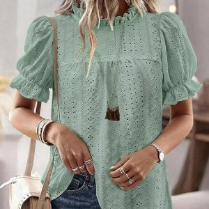 Elegant Frill Hem Stand Collar Puff Sleeve Blouse Casual Hollow Out Embroidery Pullover Top, women Blouses & Shirts, ChicMe catalog