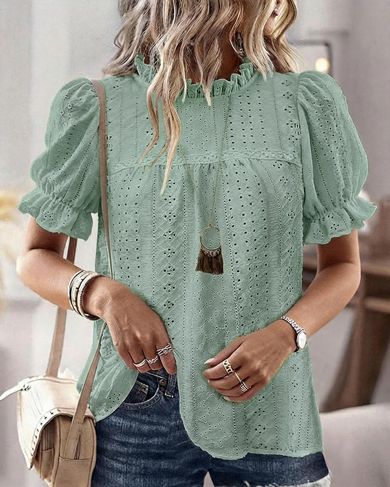 Elegant Frill Hem Stand Collar Puff Sleeve Blouse Casual Hollow Out Embroidery Pullover Top, women Blouses & Shirts, ChicMe catalog
