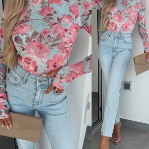 Watercolor Floral Print O-neck Long Sleeve Mesh Tee Slim Fit Semi Sheer Layering Top with Thumb Hole Cuffs, women T-shirt & Tees, ChicMe catalog