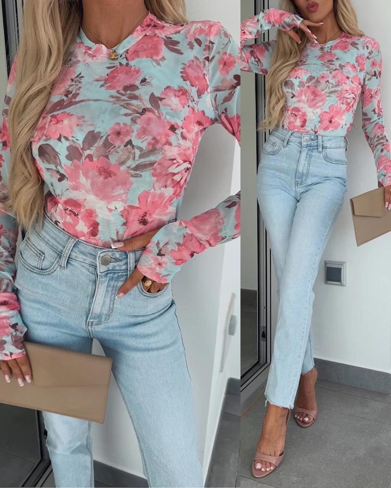 Watercolor Floral Print O-neck Long Sleeve Mesh Tee Slim Fit Semi Sheer Layering Top with Thumb Hole Cuffs, women T-shirt & Tees, ChicMe catalog