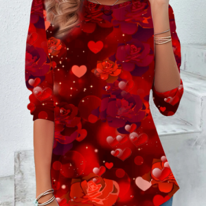 Women Floral Long Sleeve Tee T-shirt Crew Neck Casual Spring/Fall Tunic Top, JustFashionNow T-Shirts, color:Red|size:XXL,
