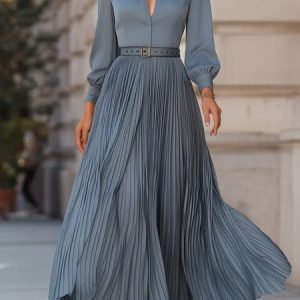 Elegant Plain Pleated Shirt Collar Maxi Dress No Belt, Maxi Dresses, color:Blue|size:XXL, Stylewe