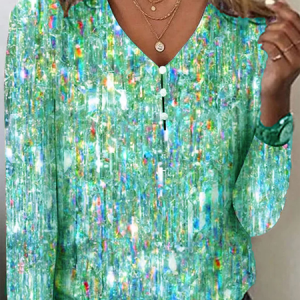 Vintage Geometric V Neck Long Sleeve T-shirt, T-shirts, color:Cyan|size:5XL, catalog Noracora shop
