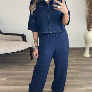 2 Pieces Outfit Turn-down Collar Half Sleeve Button Front Top and Elastic Waist Wide Leg Pants Set Casual Contrast Stitching Commuting Set, women Two-piece Sets, ChicMe catalog