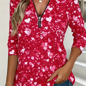 Vintage Heart/Cordate V Neck Long Sleeve T-shirt, T-shirts, color:Berry Pink|size:4XL, catalog Noracora shop