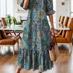 Women Geometric Ruffle Sleeve Spring/Fall Dress V Neck Long Sleeve A-Line Dress, Dresses, color:Blue|size:5XL, catalog Noracora shop