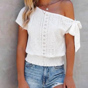Skew Neck Bow Tie One Side Hollow-out Textured Tee Casual Shirred Hem Top, women T-shirt & Tees, ChicMe catalog