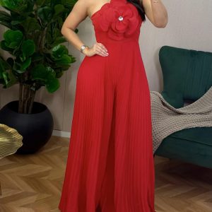 Sparkling Rhinestone 3D Flower Decor Halter Jumpsuit Elegant Waist Wide Leg Pleated Romper, women Jumpsuits, ChicMe catalog