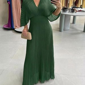 Deep V-Neck Batwing Sleeve High Waist Pleated Maxi Dress Casual Cinched Waist Backless Tied Detail Zipper Back Evening Dress, women Maxi Dresses, ChicMe catalog