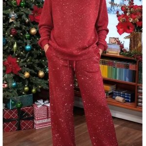 Women Plain Glitter Two-Piece Set Daily Long Sleeve Casual Spring/Fall Top With Pants Matching Set, JustFashionNow Suit Set, color:Red|size:5XL,