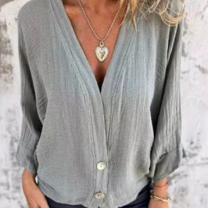 V Neck Long Sleeve Plain Buttoned Regular Loose Shirt For Women, Shirts, color:Green|size:3XL, catalog Noracora shop