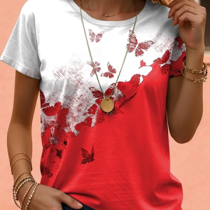 Casual Butterfly Crew Neck Short Sleeve T-shirt, T-shirts, color:Red|size:XXL, catalog Noracora shop