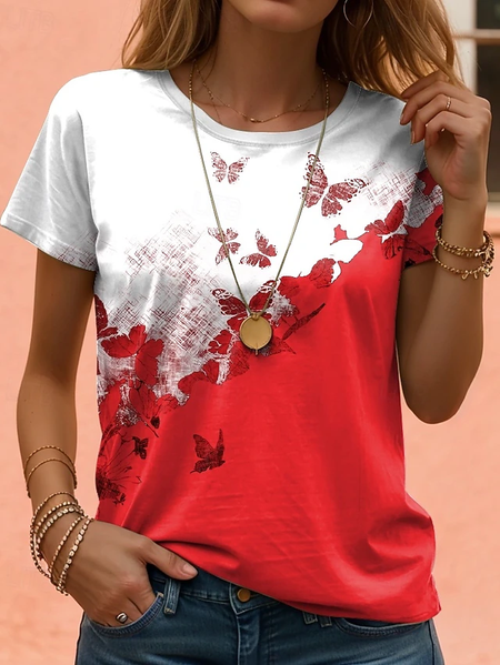 Women Butterfly Short Sleeve Tee T-shirt Crew Neck Printing Casual Summer Graphic Tee Top, JustFashionNow T-Shirts, color:Red|size:XXL