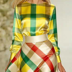Satin Elegant Plaid Printing Crew Neck Blouse, Blouses and Shirts, color:As Picture|size:XXL, Stylewe