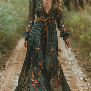 Women Floral Spring/Fall Dress V Neck Long Sleeve A-Line Dress, Dresses, color:Green|size:3XL, catalog Noracora shop