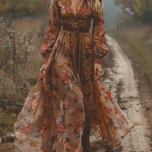 Women Floral Spring/Fall Dress V Neck Long Sleeve H-Line Dress, Dresses, color:Deep Brown|size:3XL, catalog Noracora shop