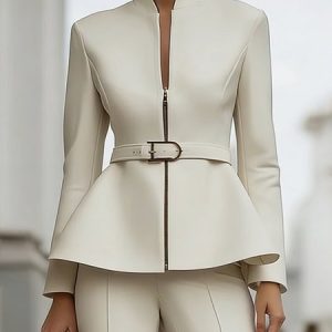Urban Zipper  Plain Stand Collar Jacket With Belt, Jackets, color:Off White|size:XXL, Stylewe