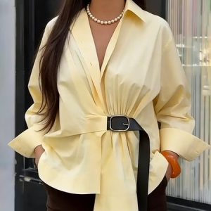 Cotton Urban Plain Metal Buckle Shirt Collar Shirt, Blouses and Shirts, color:Yellow|size:XXL, Stylewe