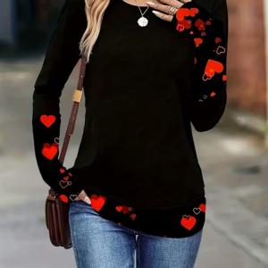 Women Heart/Cordate Long Sleeve Tee T-shirt Crew Neck Casual Spring/Fall Tunic Top, JustFashionNow T-Shirts, color:Black|size:XXL,