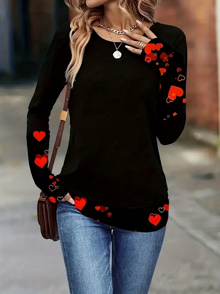 Women Heart/Cordate Long Sleeve Tee T-shirt Crew Neck Casual Spring/Fall Tunic Top, JustFashionNow T-Shirts, color:Black|size:XXL,