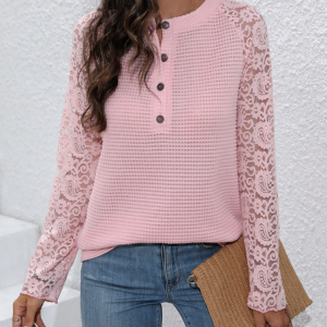 Crew Neck Long Sleeve Plain Regular Loose Blouse For Women, Blouses, color:Pink|size:3XL, catalog Noracora shop