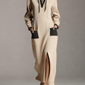 Casual Color Block Slit Hoodie Maxi Dress, Maxi Dresses, color:Apricot|size:XXL, Stylewe