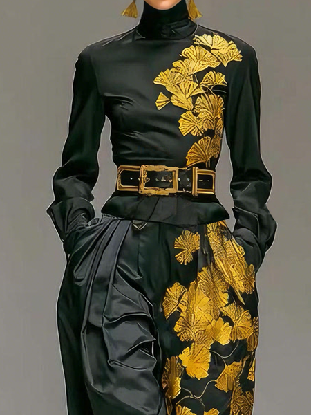 Urban Floral Stand Collar Blouse, Blouses and Shirts, color:Black|size:XXL, Stylewe