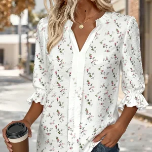 V Neck Half Sleeve Floral Regular Regular Fit Shirt For Women, Shirts, color:White|size:XL, catalog Noracora shop