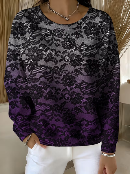 Women Lace Crew Neck Printing Casual Spring/Fall Long Sleeve Sweatshirt, JustFashionNow Sweatshirts & Hoodies, color:Purple|size:XXL,