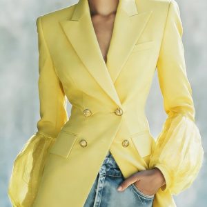 Urban Split Joint Mesh Plain Lapel Collar Blazer, Blazers, color:Yellow|size:XXL, Stylewe