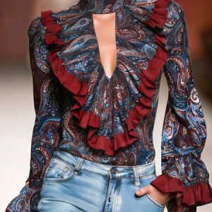 Urban Paisley Split Joint Notched Blouse, Blouses and Shirts, color:As Picture|size:XXL, Stylewe