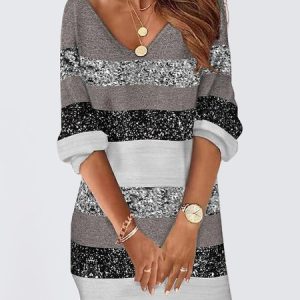 Women Striped Spring/Fall Dress V Neck Long Sleeve T-Shirt Dress H-Line Dress, Dresses, color:Color6|size:5XL, catalog Noracora shop