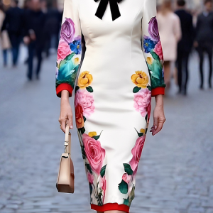 Elegant Floral Stand Collar Midi Dress, Maxi Dresses, color:As Picture|size:XXL, Stylewe