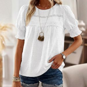 Puff Sleeve Hollow-out Lace Spliced 3D Jacquard Blouse Casual Shirred Cuffs Loose Fit Top, women Blouses & Shirts, ChicMe catalog