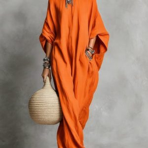 Cotton Casual Plain Loosen Crew Neck Maxi Dress, Maxi Dresses, color:Orange|size:XXL, Stylewe