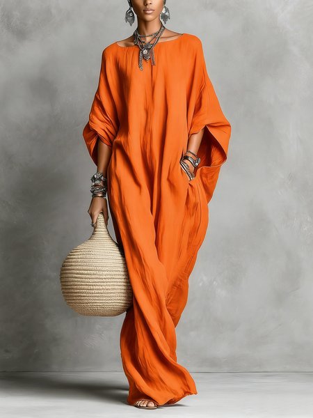 Cotton Casual Plain Loosen Crew Neck Maxi Dress, Maxi Dresses, color:Orange|size:XXL, Stylewe