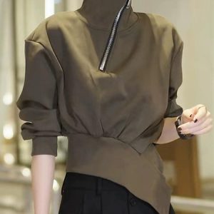 Casual Plain Irregular Craftsmanship Turtleneck Sweatshirt, Hoodies and Sweatshirts, color:As Picture|size:XXL, Stylewe