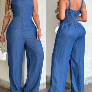 Plain V-Neck Spaghetti Strap Jumpsuit with Pockets Casual Back Shirred Wide Leg Romper, women Jumpsuits, ChicMe catalog