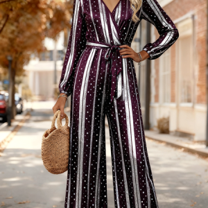Women Striped V Neck Long Sleeve Elegant Spring/Fall Jumpsuit, Jumpsuits&Rompers, color:Color2|size:4XL, catalog Noracora shop