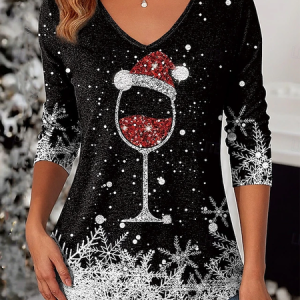 Casual Christmas V Neck Long Sleeve T-shirt, T-shirts, color:Multicolor|size:XXL, catalog Noracora shop